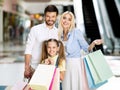 Family Of Three Posing With Shopping Bags In Mall Center Royalty Free Stock Photo