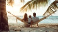 A family of three sitting in a hammock on the beach, AI