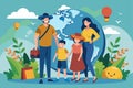 Family of Three Standing in Front of Globe, vacation with family around the world, Simple and minimalist flat Vector Illustration Royalty Free Stock Photo