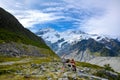 A family of three tourists is watching Panorama view the mueller glacier Royalty Free Stock Photo