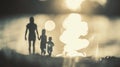 A family of three walking on a beach with the sun behind them, AI Royalty Free Stock Photo