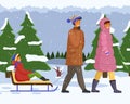 Family walks in winter forest, nature. Spruces with tops snow, snowflakes, clear sky. Flat image