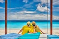 Family with three year old boy on beach. Seychelles, Mahe Royalty Free Stock Photo