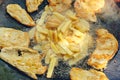 family time - chicken meat and potato being grilled in a barbecue. Royalty Free Stock Photo