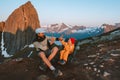 Family time father and child daughter playing high five hands traveling in Norway mountains dad with daughter hiking together Royalty Free Stock Photo