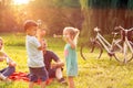 Family time- Happy children chase bubbles in nature Royalty Free Stock Photo