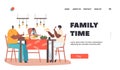 Family Time Landing Page Template. Happy African Father, Mother and Baby Having Dinner Sitting Table with Food