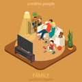 Family time parenting flat 3d isometric: living room watching TV