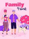 Family time poster with cartoon parents walking in park with baby and dog