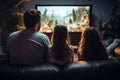 Family time Young friends enjoy movie on TV in living room