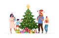 Family together at home for christmas. Happy family greets New Year with children and a decorated Christmas tree. Flat cartoon