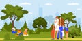 Family together walking outdoor in city park and picnic, eating, having fun together, vacation and leisure cartoon Royalty Free Stock Photo