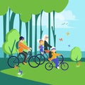 Family riding bicycles with backpacks in forest. Cartoon vector illustration Royalty Free Stock Photo
