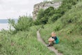 Family tourist hiking wild river canyons wild