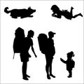 family tourists with backpacks, girl playing with dog, silhouette vector Royalty Free Stock Photo