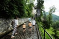 Family of tourists with children visit the old castle Bran, Romania Royalty Free Stock Photo