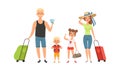 Family tourists. Man woman children with baggage. Isolated travelers go on vacation vector illustration Royalty Free Stock Photo