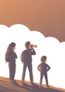 Family of tourists stand on a mountain in the clouds Royalty Free Stock Photo