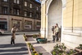 Family of tourists taking a family portrain in front of Sarajevo Eternal flame. Royalty Free Stock Photo