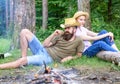 Family traditions. Family activity for summer vacation in forest and nature. Family relaxing near bonfire after day of Royalty Free Stock Photo
