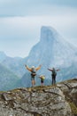Family travel adventure hiking tour in the mountains of Norway, parents and child on an active outdoor vacation Royalty Free Stock Photo
