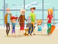 Family travel in airport illustration of kids, parents or grandparents and dog with traveling luggage for boarding