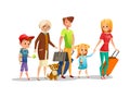 Family travel illustration of kids, parents or grandparents and dog walking with traveling bags isolated icons