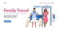 Family travel banner - tourists traveling with kids cartoon vector illustration.