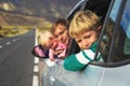 Family travel by car- happy father with kids in mountains Royalty Free Stock Photo