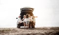 Family travel car road trip concept. summer vacation in car in the sunset, Dad, mom and daughter happy traveling enjoy and Royalty Free Stock Photo