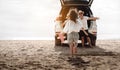 Family travel car road trip concept. summer vacation in car in the sunset, Dad, mom and daughter happy traveling enjoy and Royalty Free Stock Photo