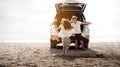 Family travel car road trip concept. summer vacation in car in the sunset, Dad, mom and daughter happy traveling enjoy and Royalty Free Stock Photo