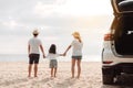 Family travel car road trip concept. summer vacation in car in the sunset, Dad, mom and daughter happy traveling enjoy and Royalty Free Stock Photo