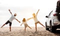 Family travel car road trip concept. summer vacation in car in the sunset, Dad, mom and daughter happy traveling enjoy and Royalty Free Stock Photo