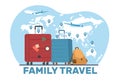 Family travel concept, travel bags of all family members on background of world map with flying planes. Global journey