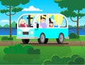 Family travel on minivan; father drives, mother, children; vacation in nature. Happy cartoon people kids in a retro minivan. Road Royalty Free Stock Photo