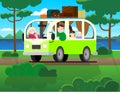 Family travel on minivan; father drives, mother, children; vacation in nature. Happy cartoon people kids in a retro minivan. Road Royalty Free Stock Photo