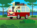 Family travel on a minivan; a man drives a car, a woman waves her hand. Happy cartoon people in a retro minivan. Road trip, summer Royalty Free Stock Photo