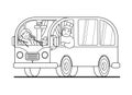 Family travel on a minivan; a man drives a car, a woman waves her hand. Happy cartoon people in a retro minivan. Road trip, summer Royalty Free Stock Photo