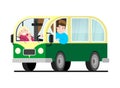 Family travel on a minivan; a man drives a car, a woman waves her hand. Happy cartoon people in a retro minivan. Road trip, summer Royalty Free Stock Photo
