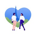 Family travel and tourism concept. Vector flat people illustration. Lesbian couple sitting with eiffel tower france on background