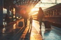 family travel trip on platform of railway train station, family summer vacation Royalty Free Stock Photo