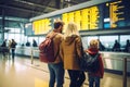 family Traveler Checking Flight Schedules for Departure Time, Generative AI.