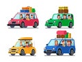 Family traveling cars. Happy people travel in car. Vacation trip with mother and father in minivan cartoon vector