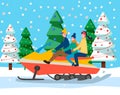 Family Traveling on Sleigh Car in Forest Vector