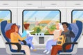 Family traveling in train compartment, passengers sitting on seats, looking out window Royalty Free Stock Photo