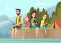 Family travellers. Couple outdoor explorers kids with parents hiking camping vector cartoon background