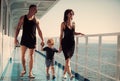 Family travelling on cruise ship on sunny day. Family with cute son on summer vacation. Family rest concept. Father Royalty Free Stock Photo