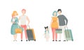 Family Travelling with Kids Pulling Suitcase Holding Child by Hand Vector Set