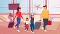 Family travelling by plane vector illustration. Parents and children, siblings carrying luggage, bags. Young parents with kids